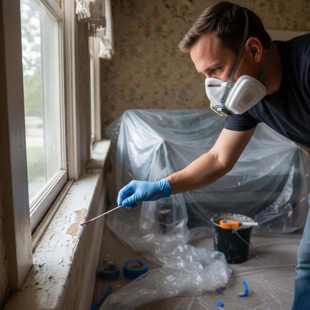 Homeowner testing for lead paint on a window sill with a test kit and respirator