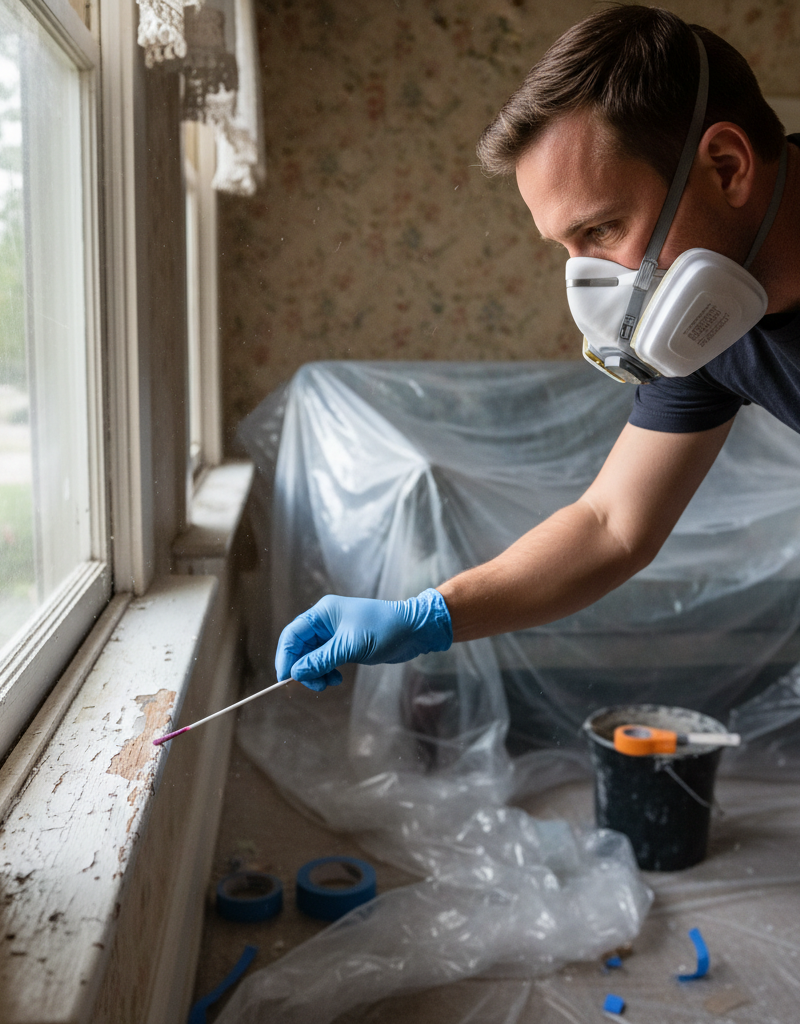 Homeowner testing for lead paint on a window sill with a test kit and respirator