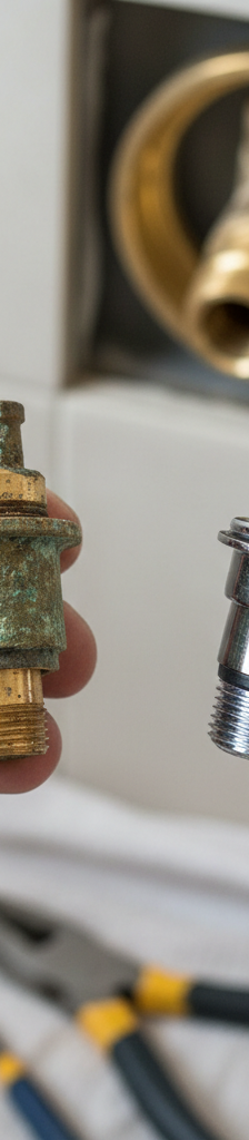 Contractor's hands holding a worn shower cartridge next to a new one, ready for replacement.