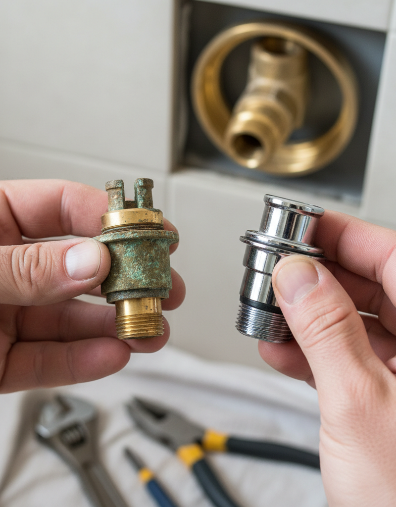 Contractor's hands holding a worn shower cartridge next to a new one, ready for replacement.