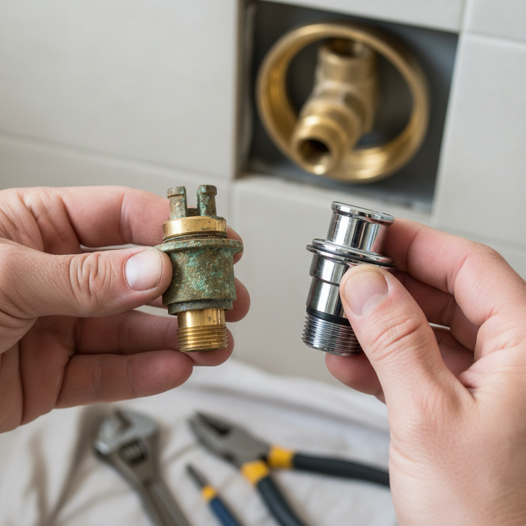 Contractor's hands holding a worn shower cartridge next to a new one, ready for replacement.