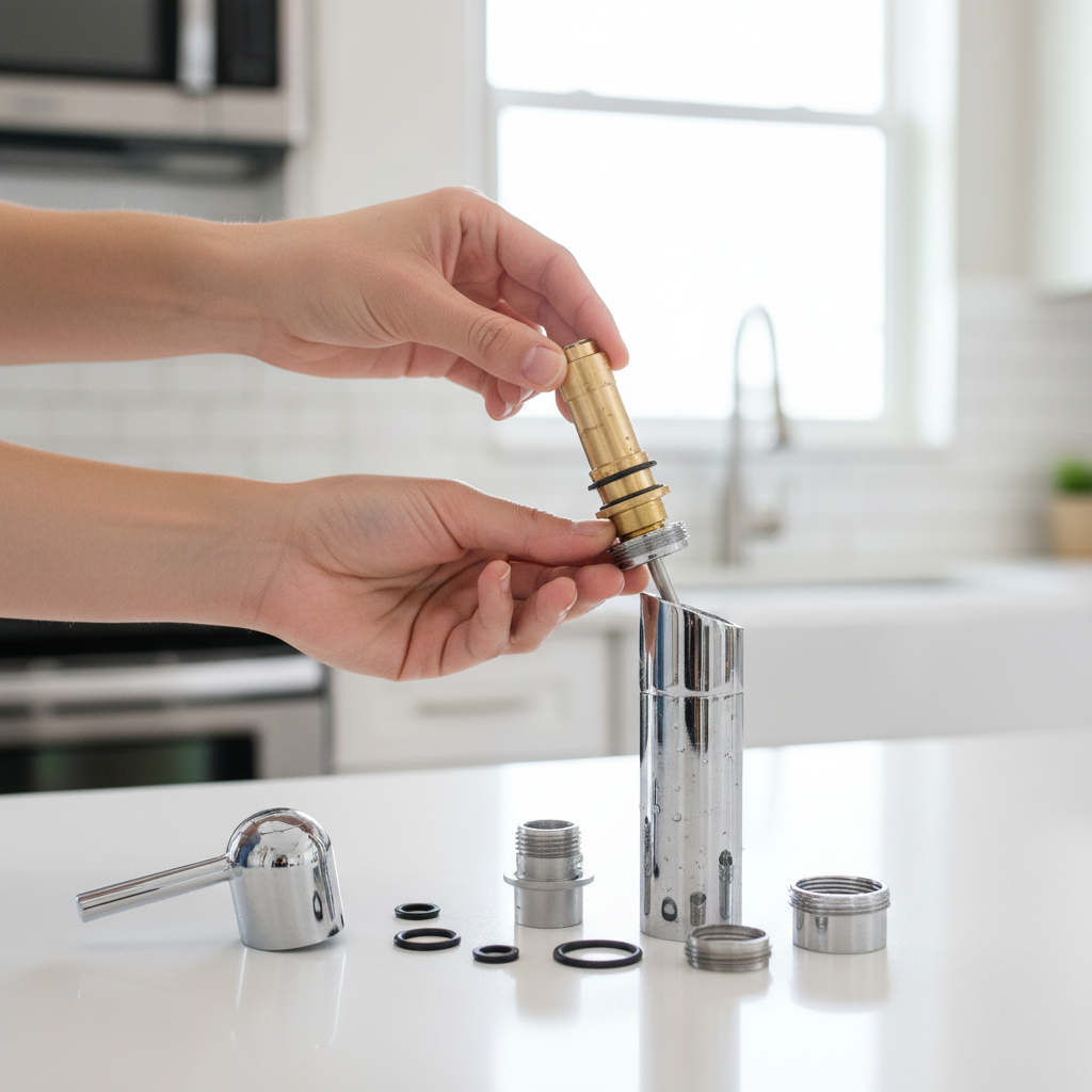 Homeowner's hands replacing a worn cartridge in a single-handle kitchen faucet to stop a leak.