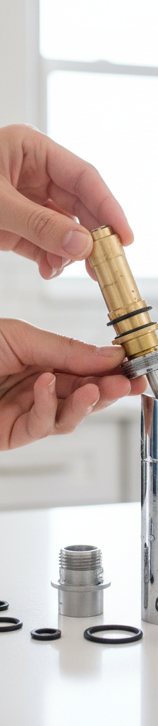 Homeowner's hands replacing a worn cartridge in a single-handle kitchen faucet to stop a leak.