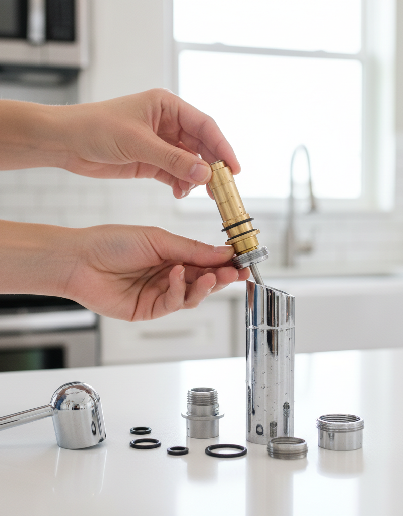 Homeowner's hands replacing a worn cartridge in a single-handle kitchen faucet to stop a leak.