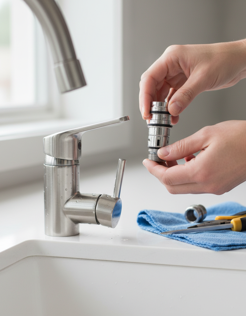 Homeowner repairing a leaky single-handle kitchen faucet by replacing the cartridge