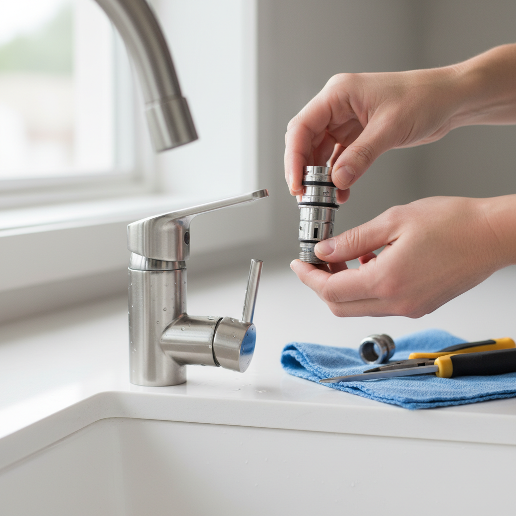 Homeowner repairing a leaky single-handle kitchen faucet by replacing the cartridge
