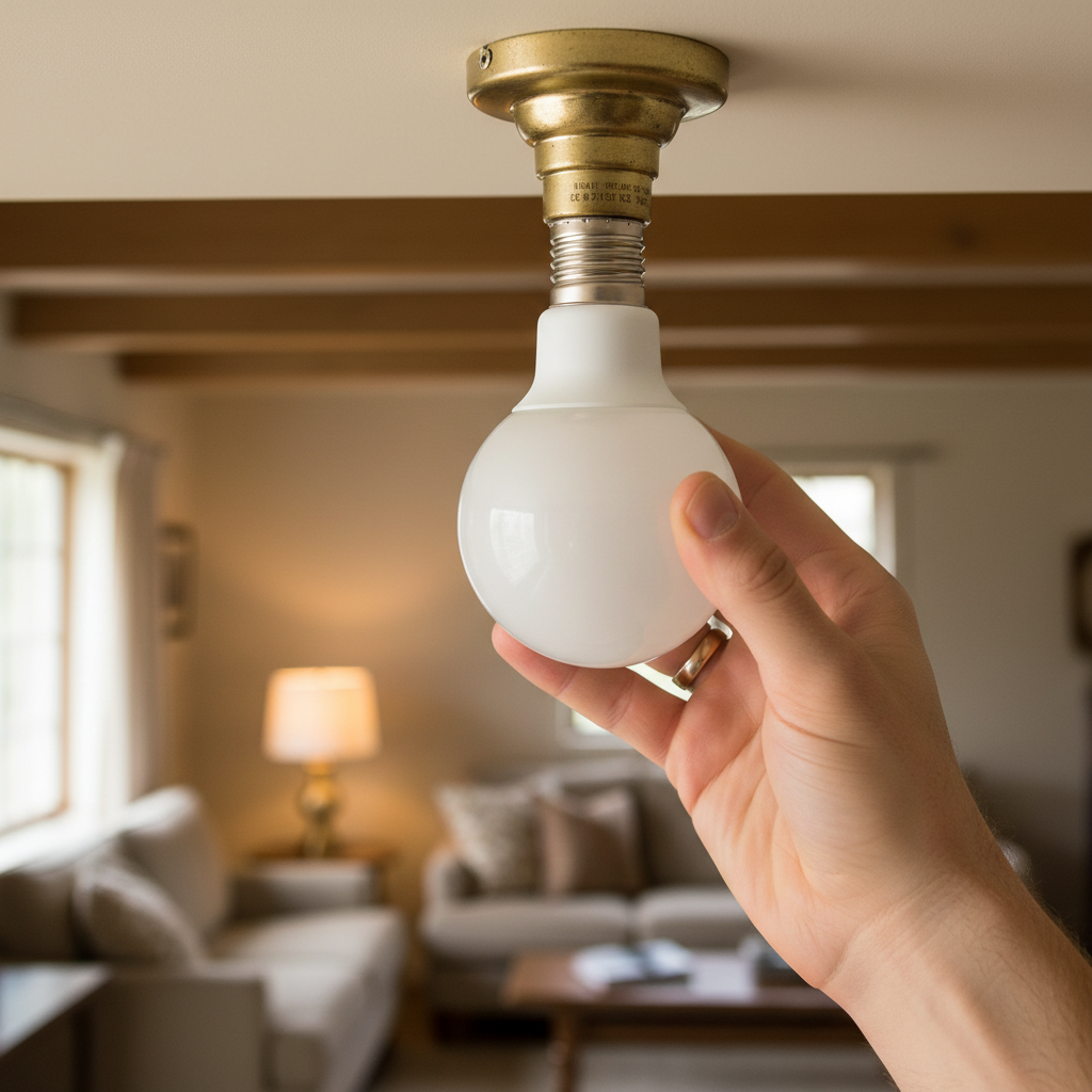 Hand screwing a new LED light bulb into a home light fixture socket