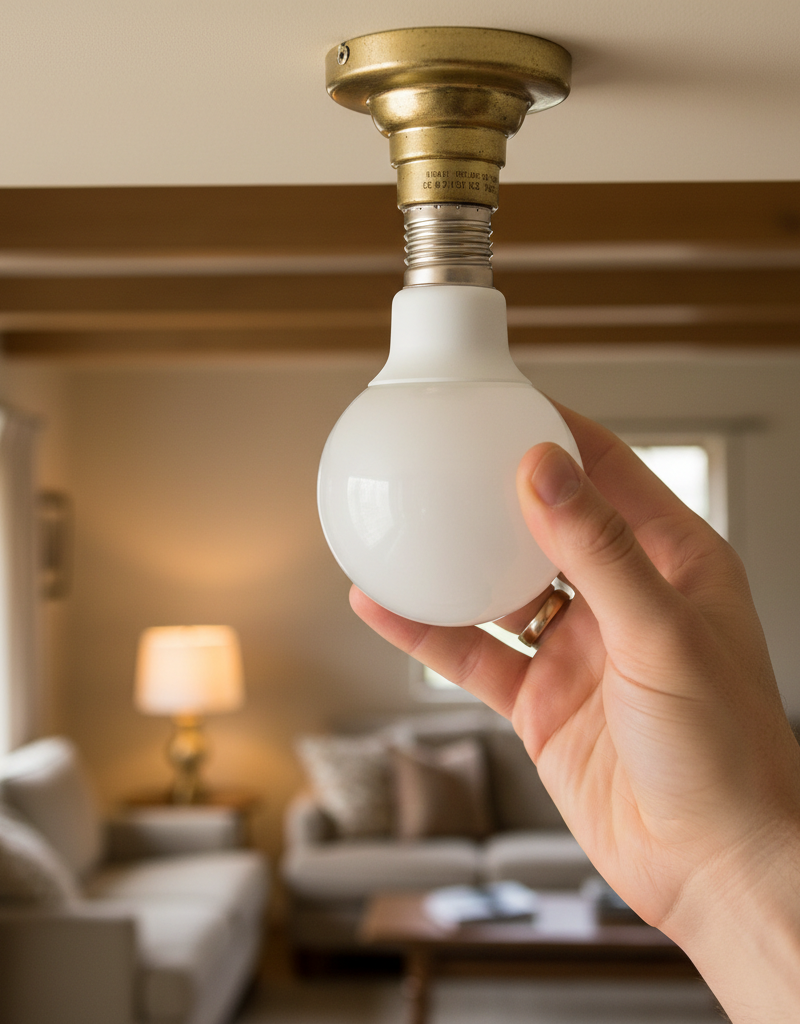 Hand screwing a new LED light bulb into a home light fixture socket