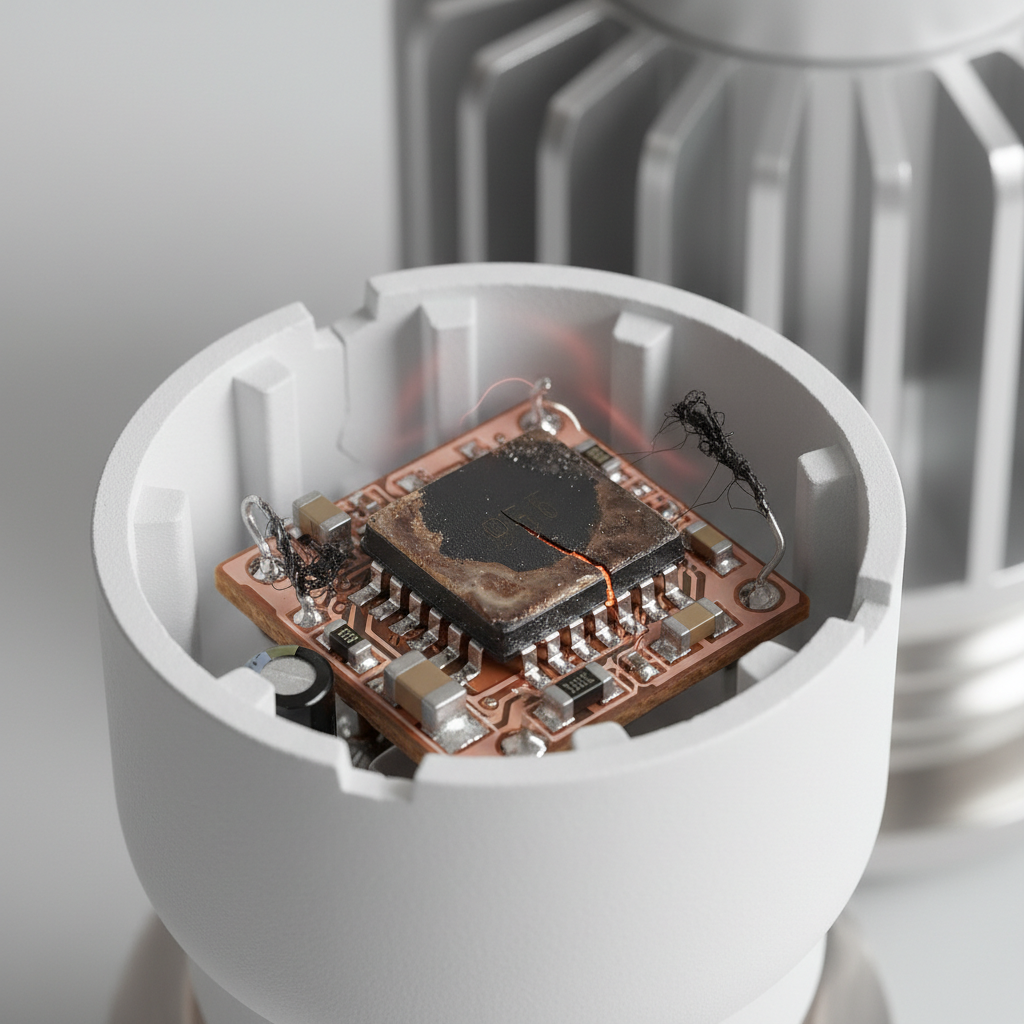 Close-up of a failed LED bulb's base, showing charring on internal components, against a blurry fixture background.