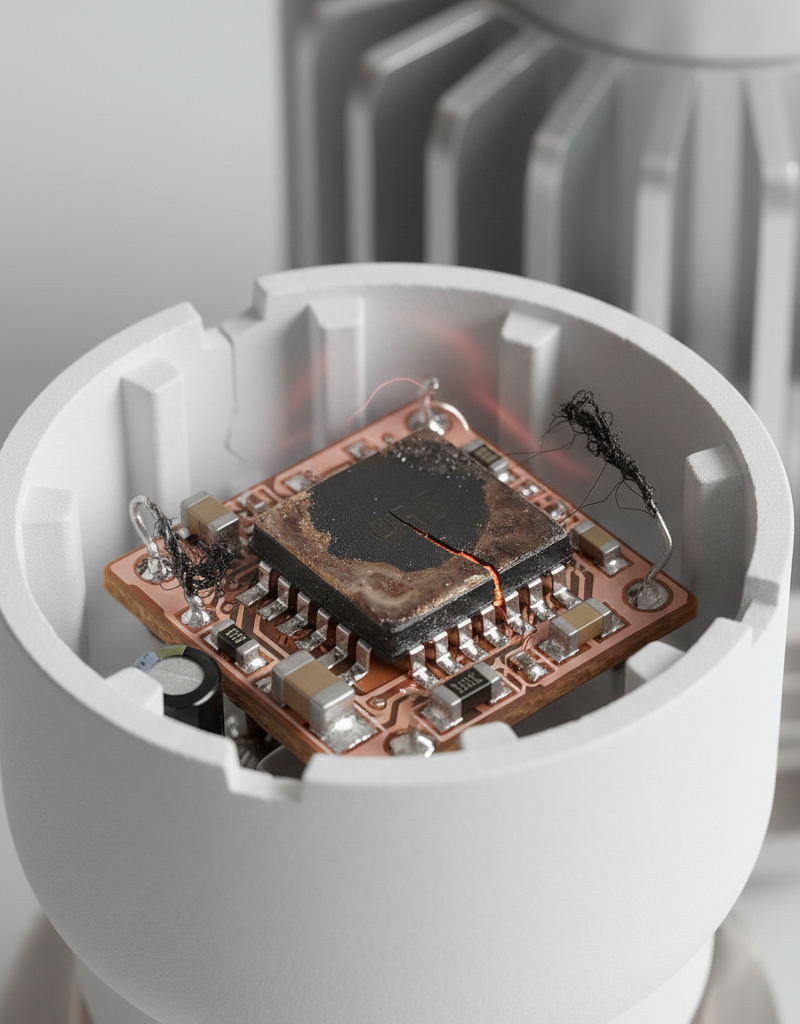 Close-up of a failed LED bulb's base, showing charring on internal components, against a blurry fixture background.