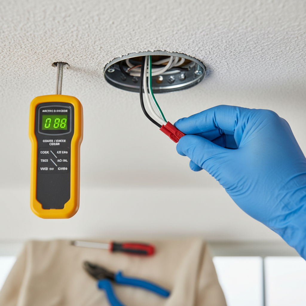Contractor checking loose electrical wires in a light fixture to fix a flickering light