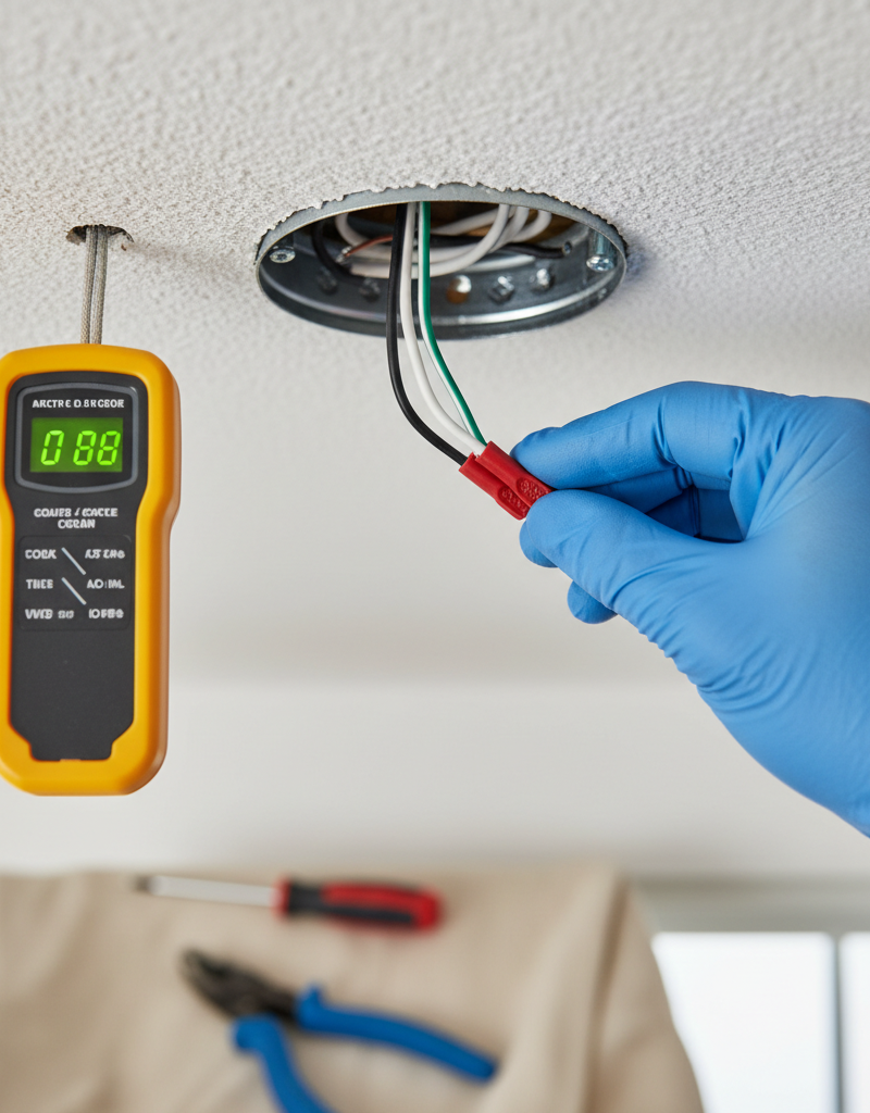 Contractor checking loose electrical wires in a light fixture to fix a flickering light