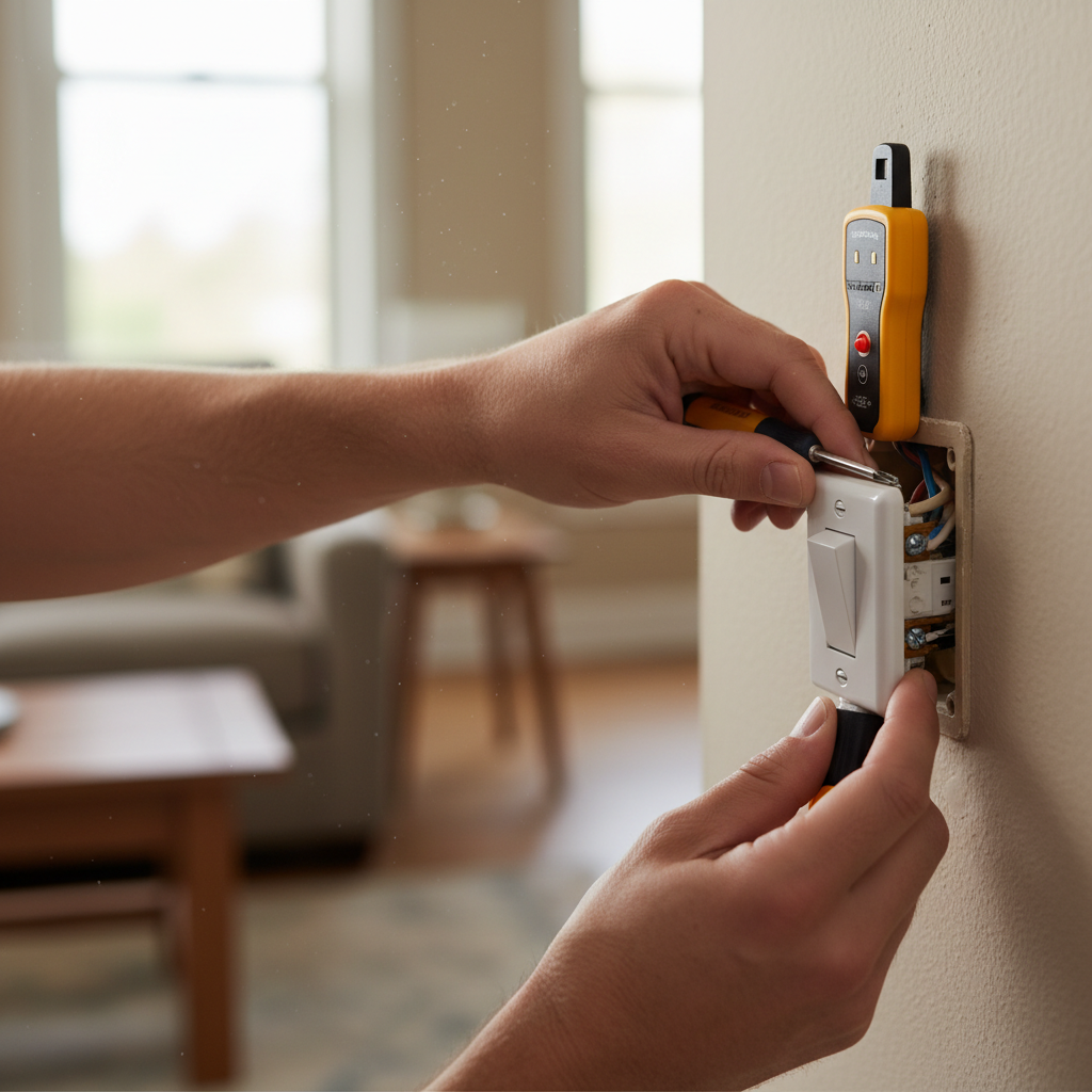 Homeowner tightening a loose wire on a light switch with a screwdriver, demonstrating a DIY electrical repair.