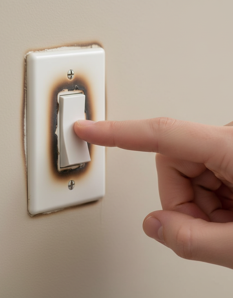 Hand touching a discolored, warm light switch as a warning of an electrical hazard.