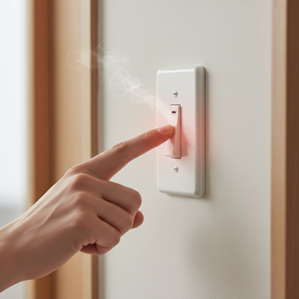 Hand carefully checking a warm residential light switch, with a subtle waft of heat visible