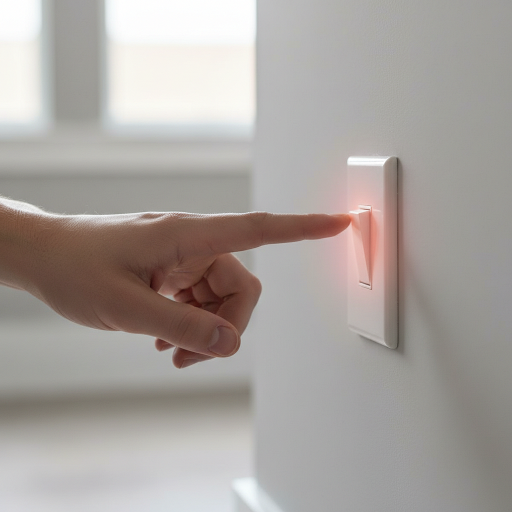 Homeowner touching a discolored light switch, indicating it's hot to the touch and signaling an electrical problem.