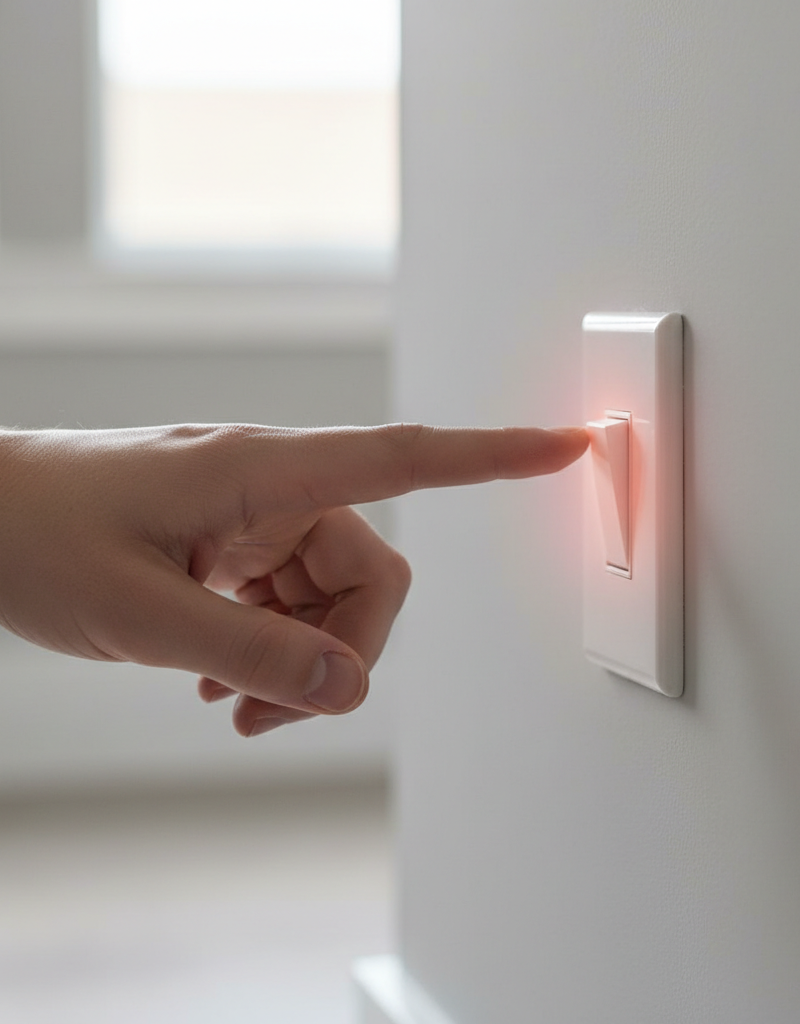 Homeowner touching a discolored light switch, indicating it's hot to the touch and signaling an electrical problem.