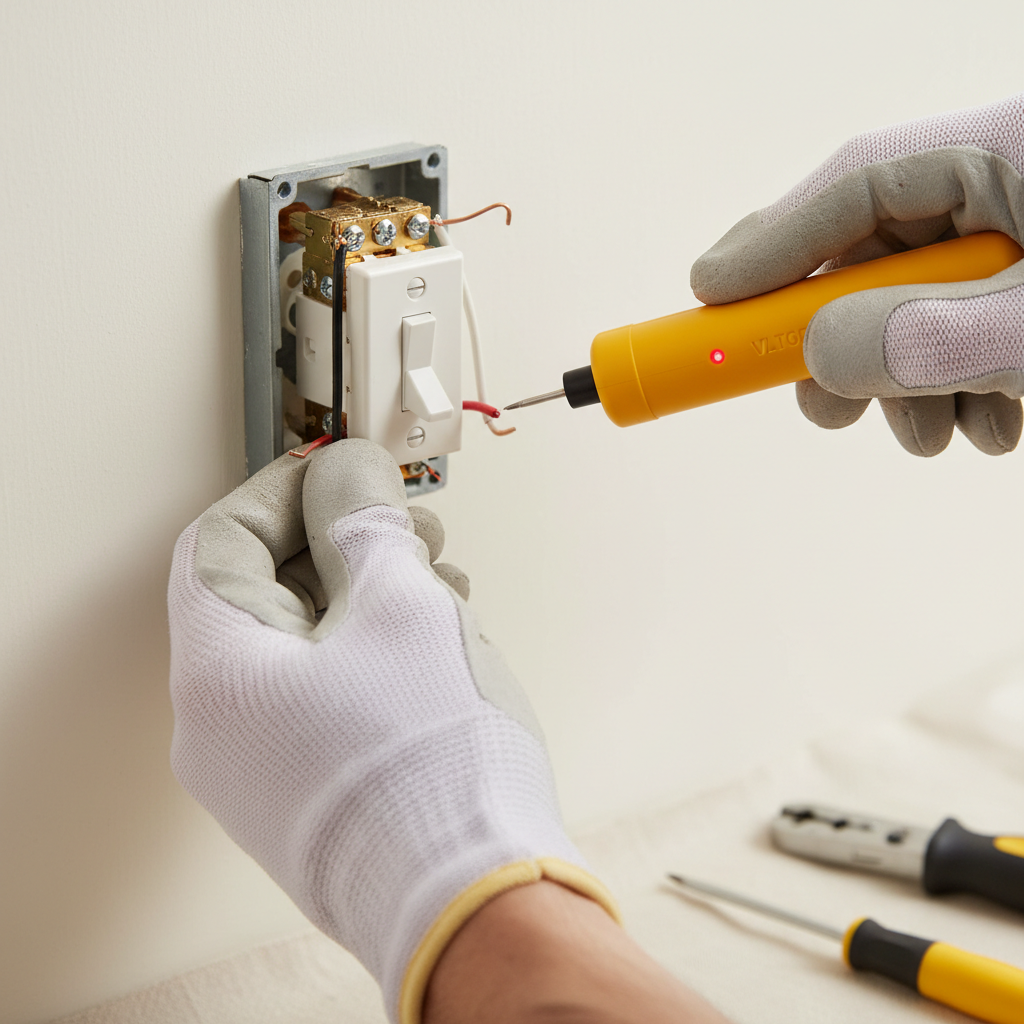 Homeowner inspecting wires of a hot light switch with a voltage tester.