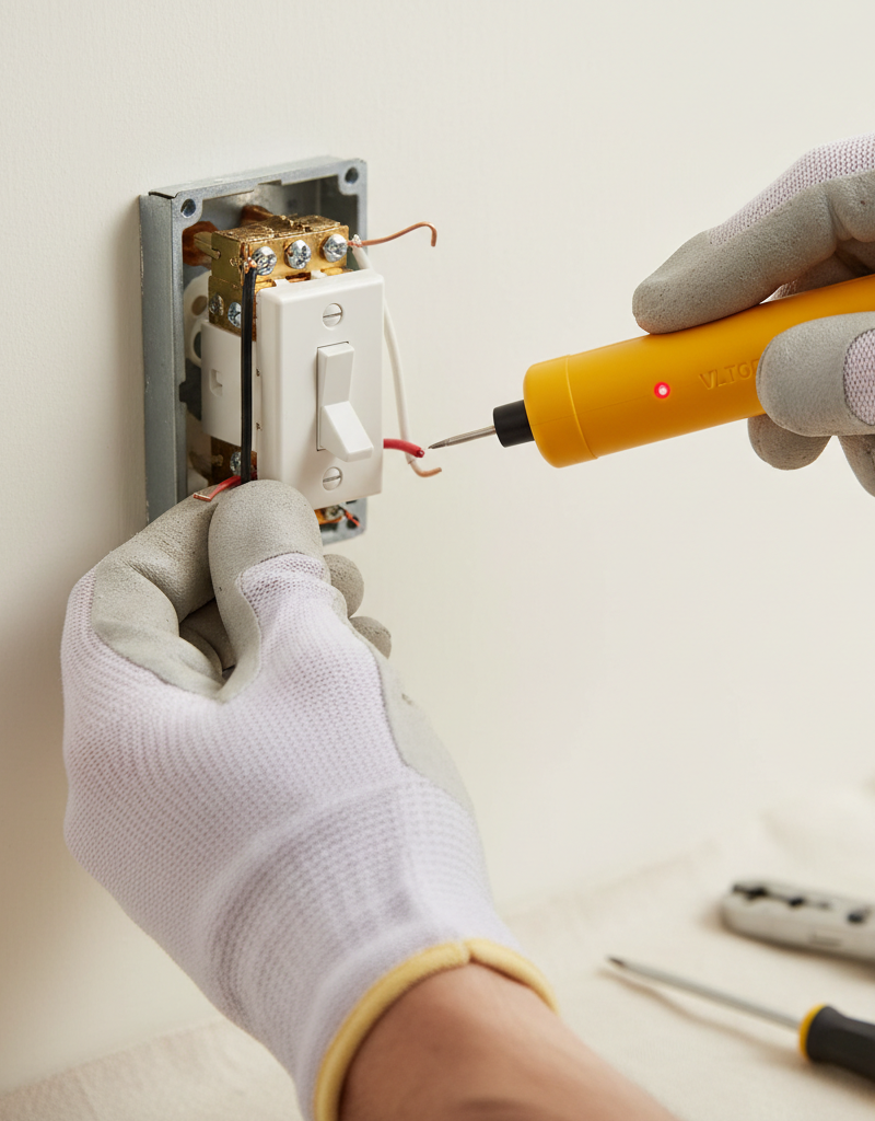 Homeowner inspecting wires of a hot light switch with a voltage tester.