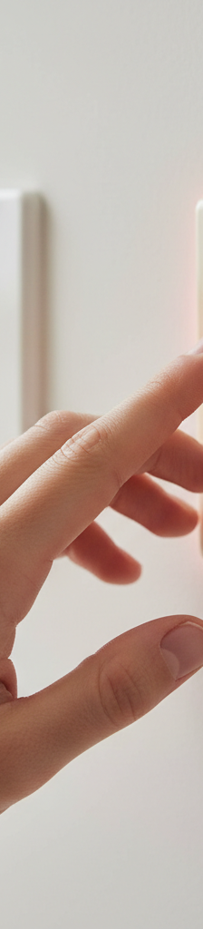 A hand cautiously touching a hot light switch in a home.