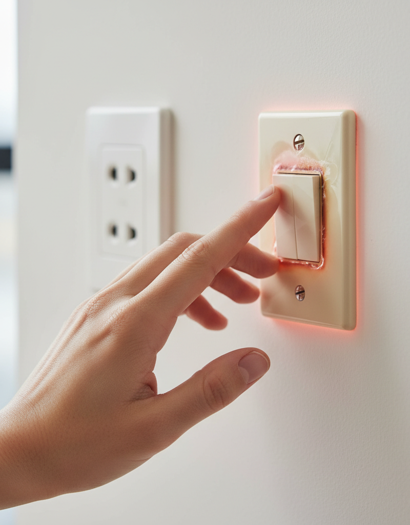A hand cautiously touching a hot light switch in a home.