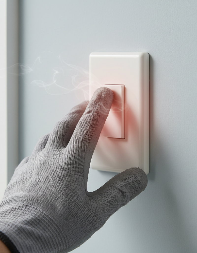 Homeowner testing a hot light switch on a white wall with their gloved hand.