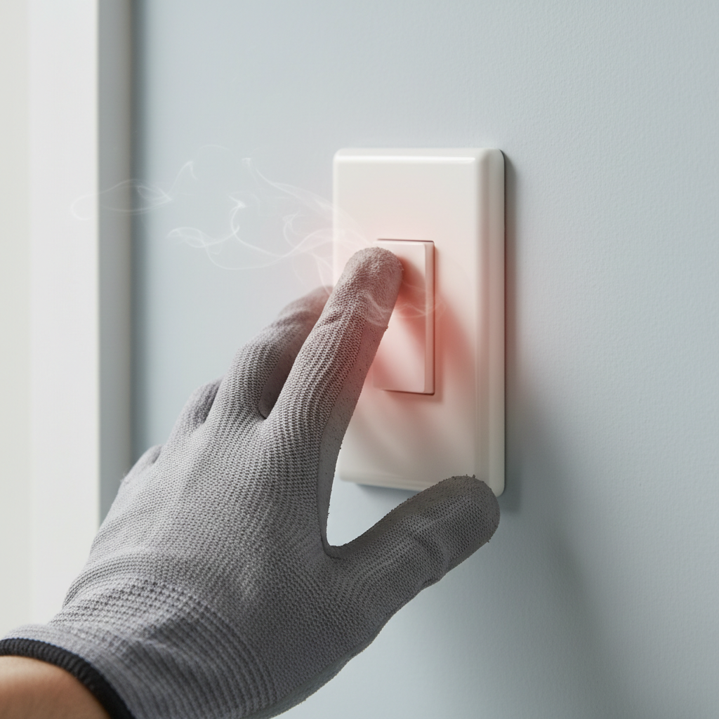 Homeowner testing a hot light switch on a white wall with their gloved hand.