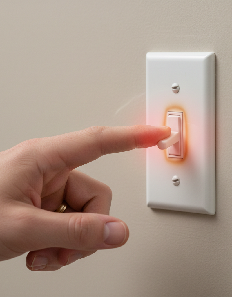 Homeowner touching a hot light switch, indicating an electrical problem and potential fire hazard.