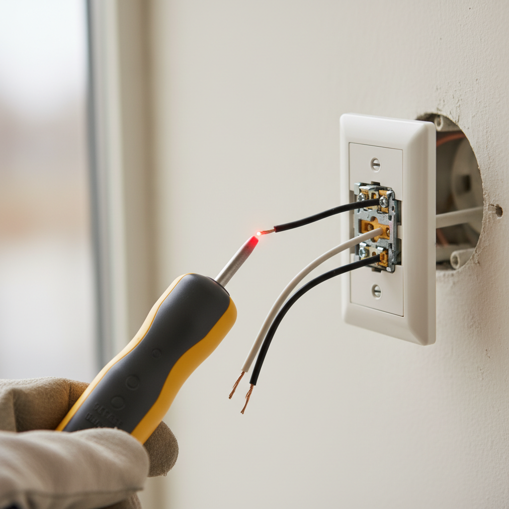 Homeowner checking a light switch for power with a non-contact voltage tester, wires exposed.