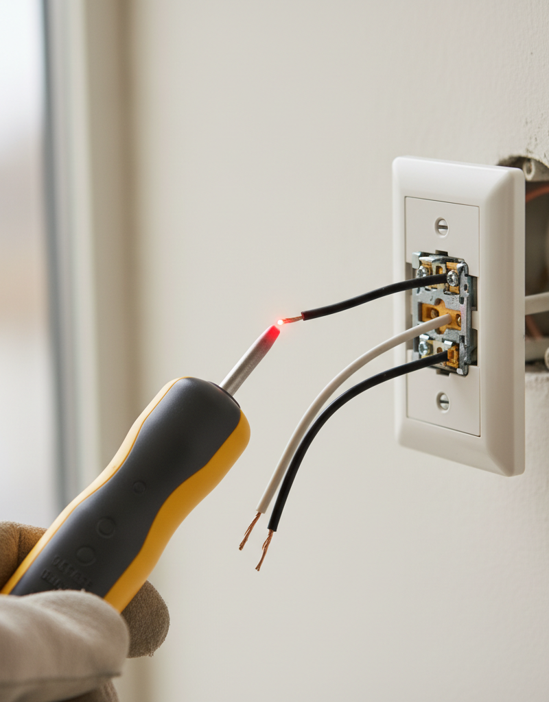 Homeowner checking a light switch for power with a non-contact voltage tester, wires exposed.