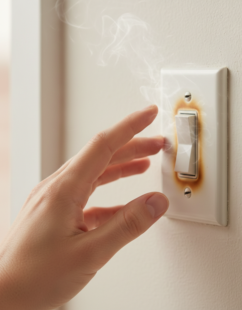 Hand touching a discolored, warm light switch indicating an electrical problem