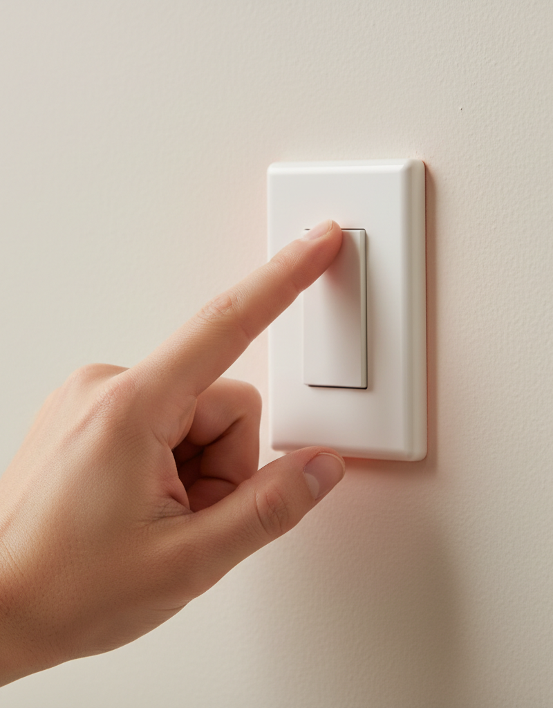 Homeowner touching a hot light switch with caution, indicating an electrical problem.
