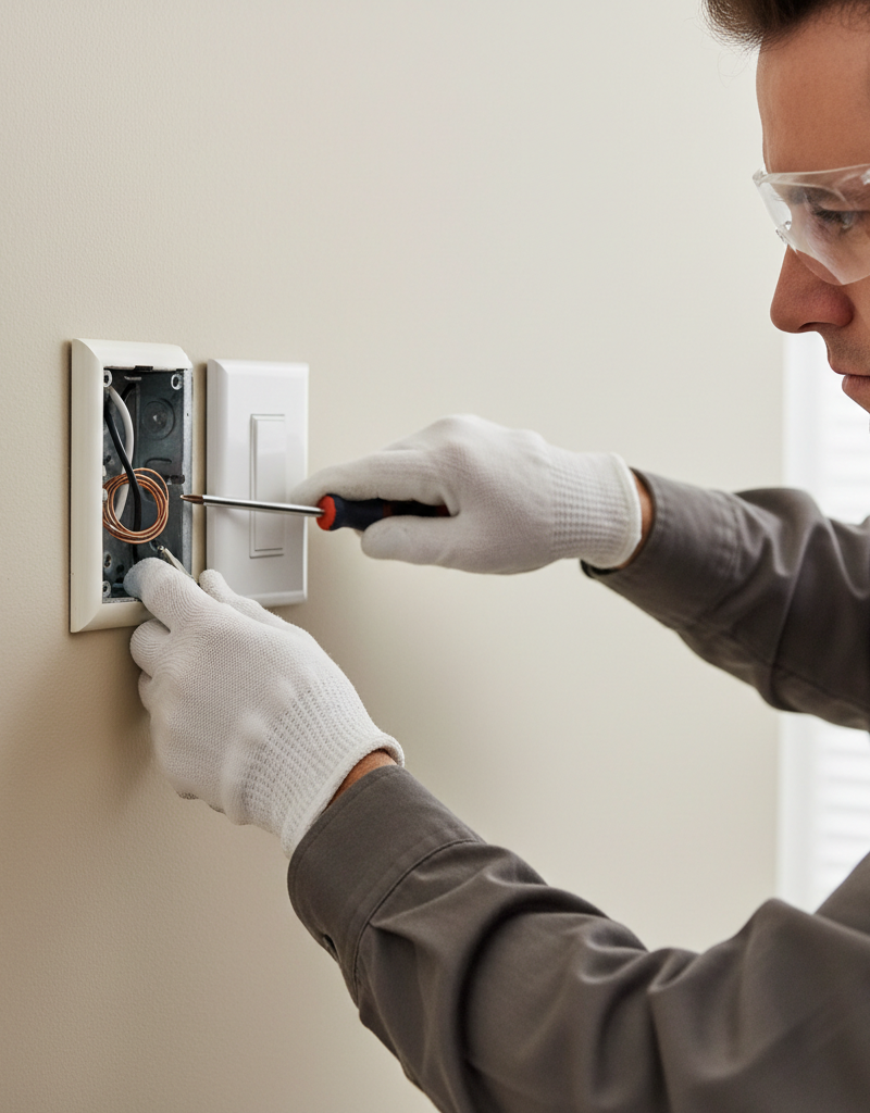 Homeowner carefully troubleshooting a hot light switch by removing the cover plate.