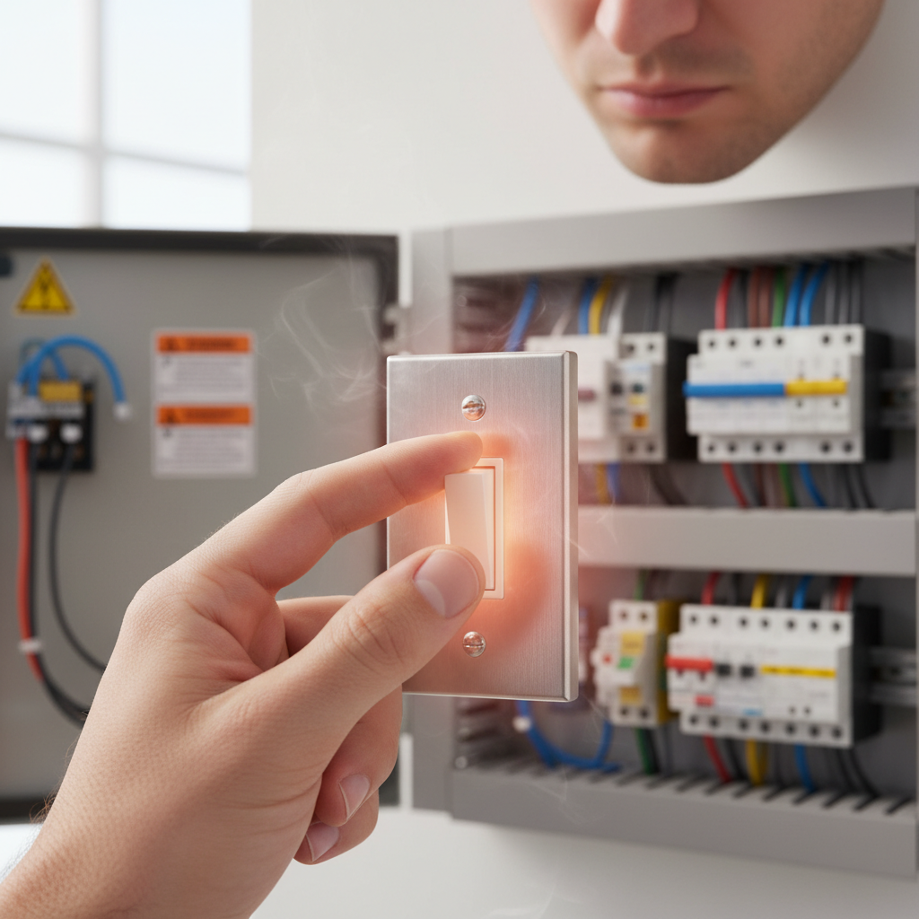 A homeowner's hand carefully touching a light switch that appears hot, with a concerned expression.