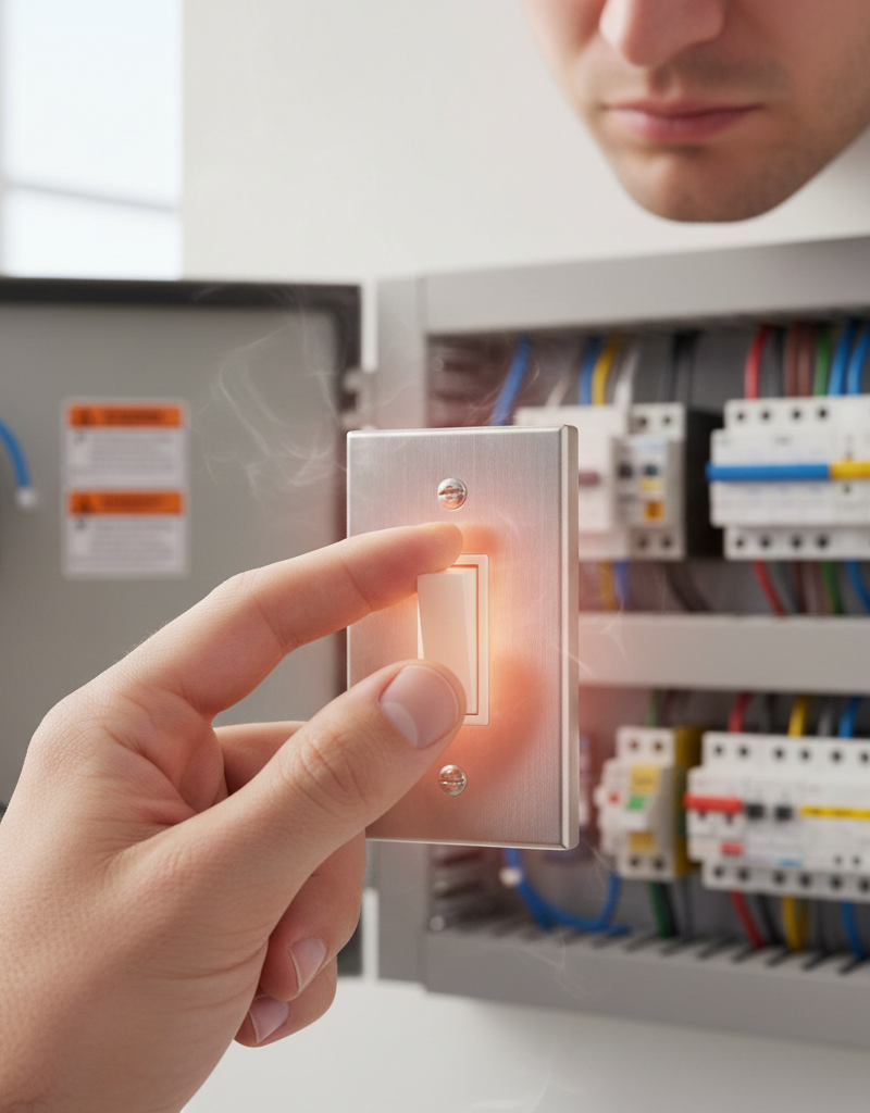 A homeowner's hand carefully touching a light switch that appears hot, with a concerned expression.
