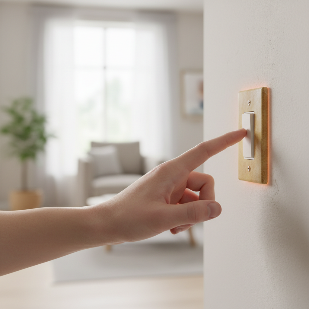 Homeowner touching a hot light switch with concern, indicating an electrical issue