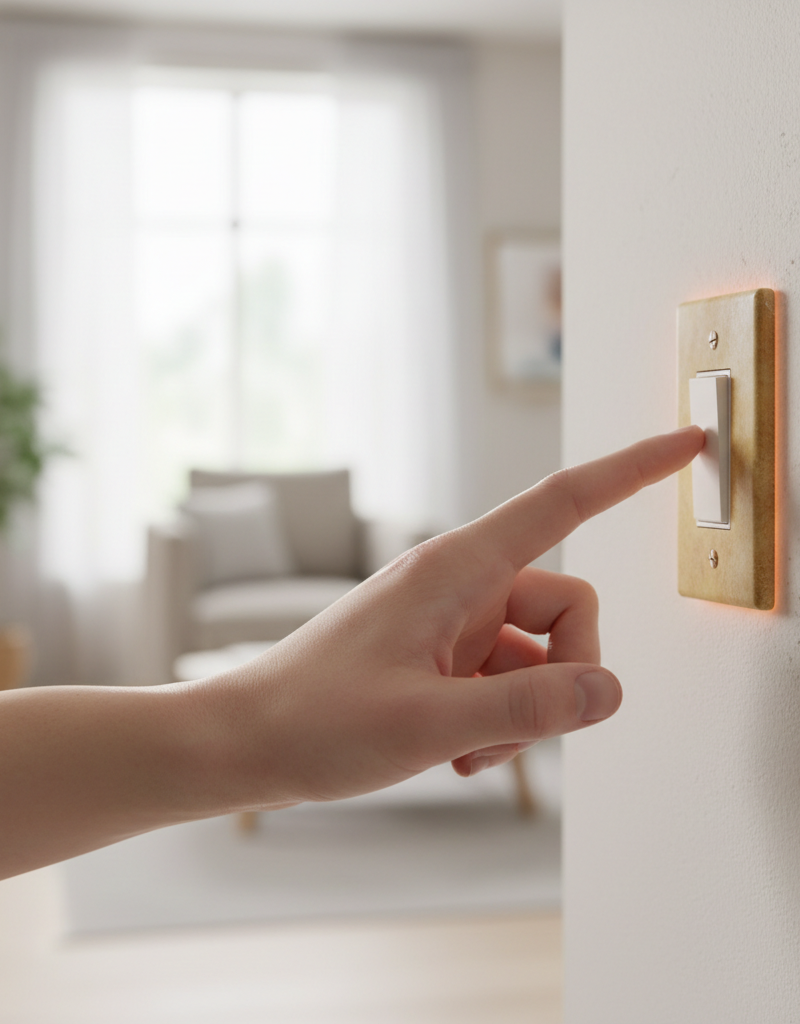 Homeowner touching a hot light switch with concern, indicating an electrical issue