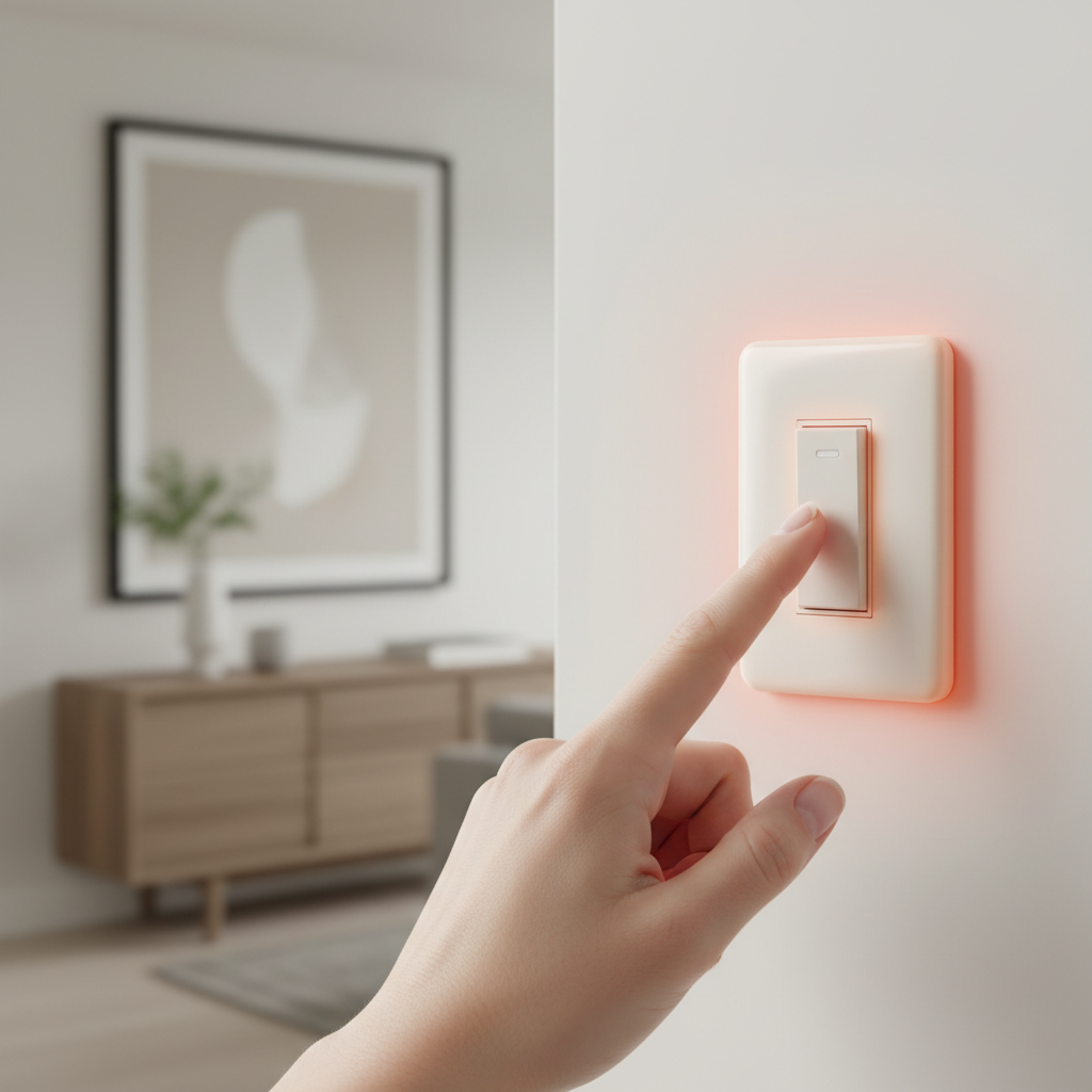 Homeowner touching a hot light switch, inspecting for electrical issues