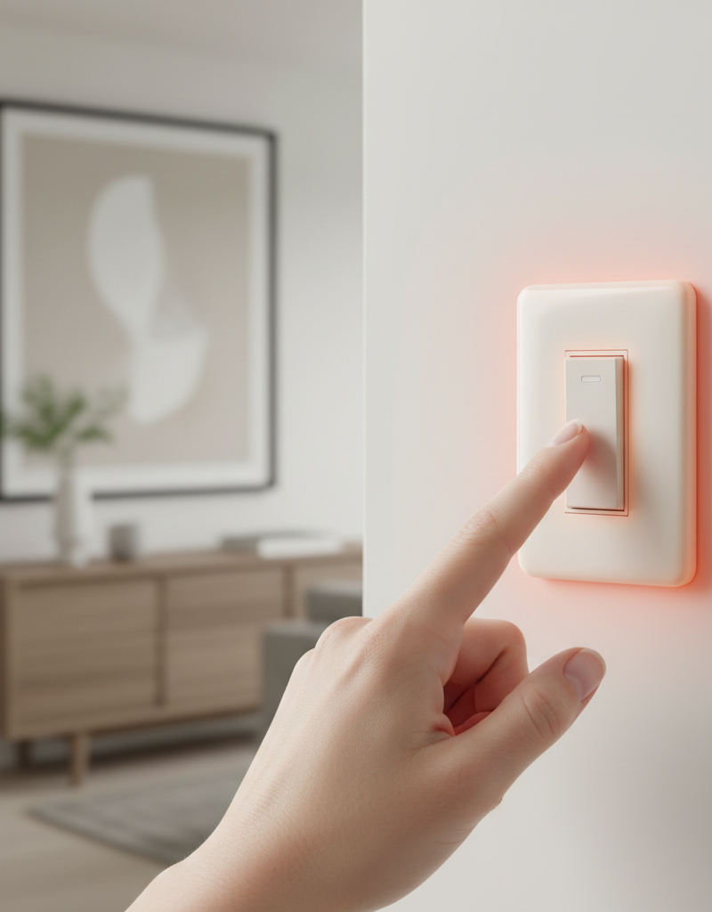 Homeowner touching a hot light switch, inspecting for electrical issues
