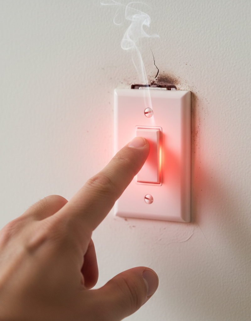 Hand carefully touching a red-hot light switch, warning of electrical danger.