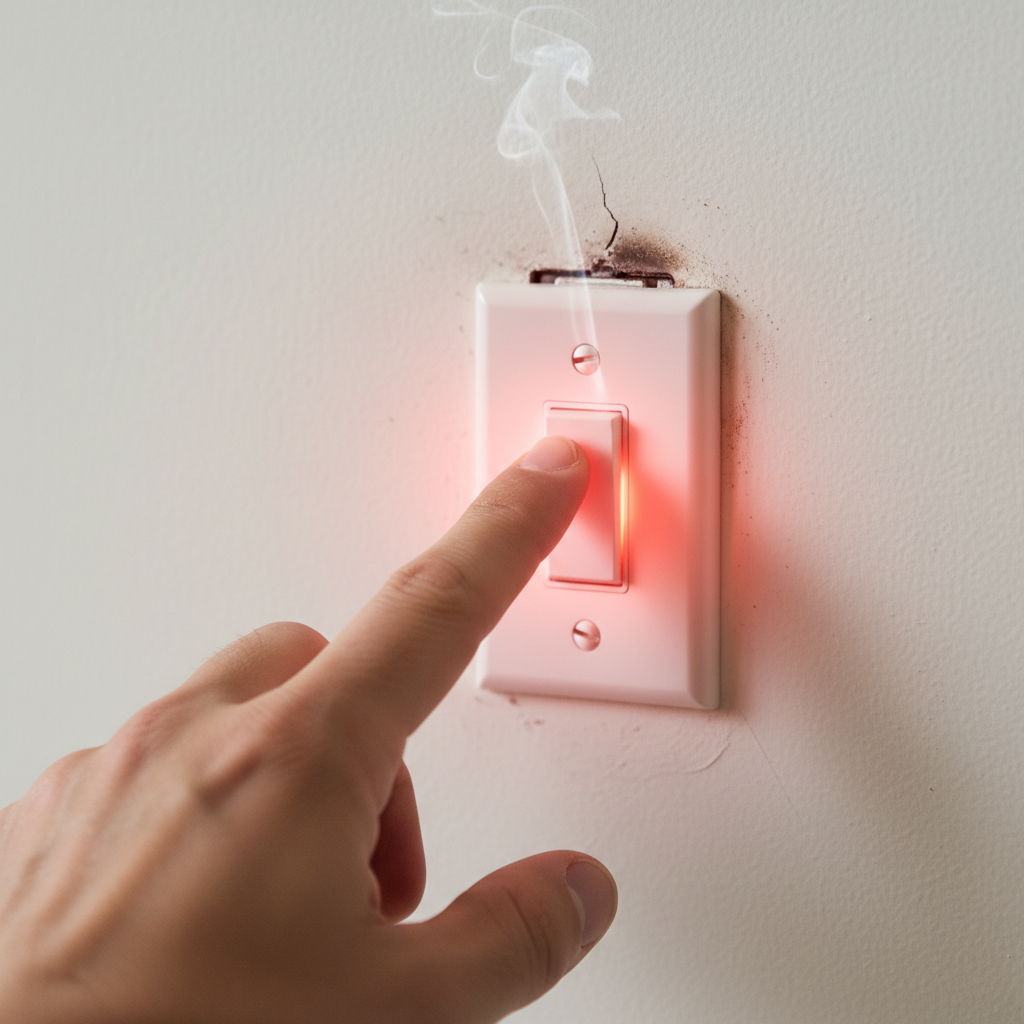Hand carefully touching a red-hot light switch, warning of electrical danger.
