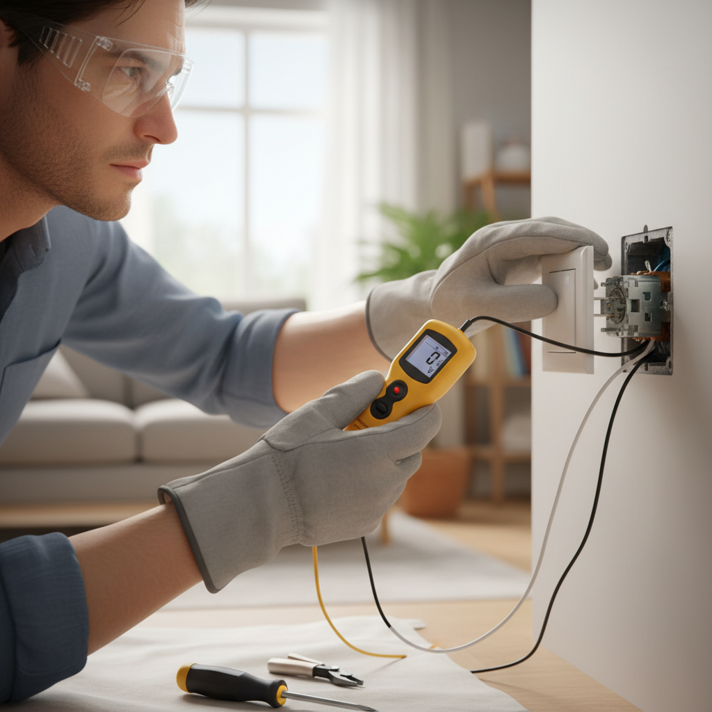 Homeowner using a non-contact voltage tester to check a pulled-out light switch for power, illustrating electrical safety during repair.