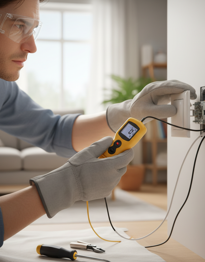 Homeowner using a non-contact voltage tester to check a pulled-out light switch for power, illustrating electrical safety during repair.