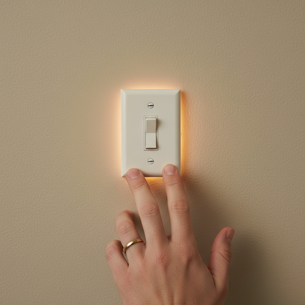 A homeowner cautiously touches a glowing, hot light switch, indicating an electrical problem and potential fire hazard.