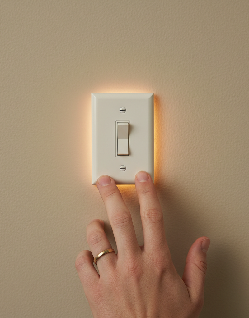 A homeowner cautiously touches a glowing, hot light switch, indicating an electrical problem and potential fire hazard.