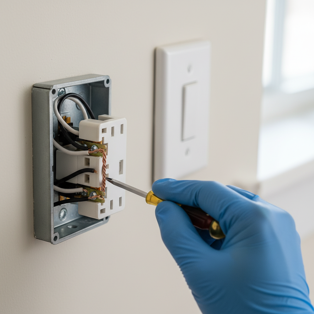 Hand tightening a wire on a light switch showing internal wiring, preventing overheating