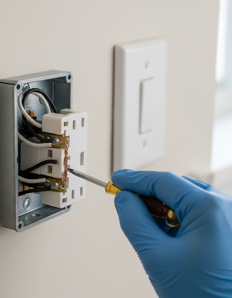 Hand tightening a wire on a light switch showing internal wiring, preventing overheating