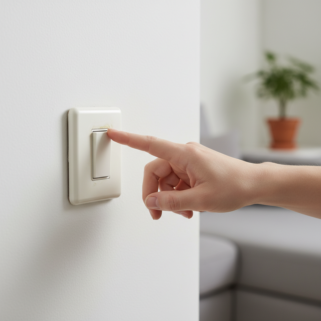 Homeowner's hand cautiously touching a discolored, warm light switch indicating an electrical problem