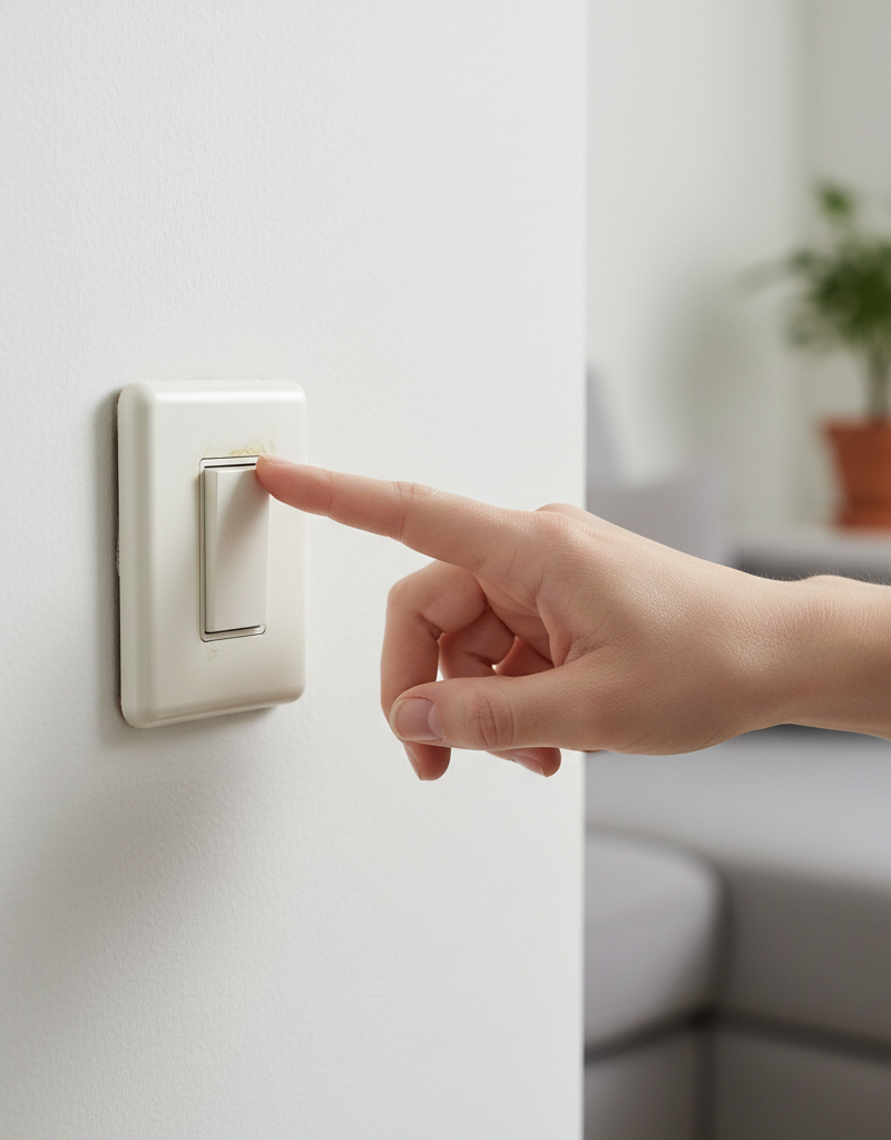 Homeowner's hand cautiously touching a discolored, warm light switch indicating an electrical problem