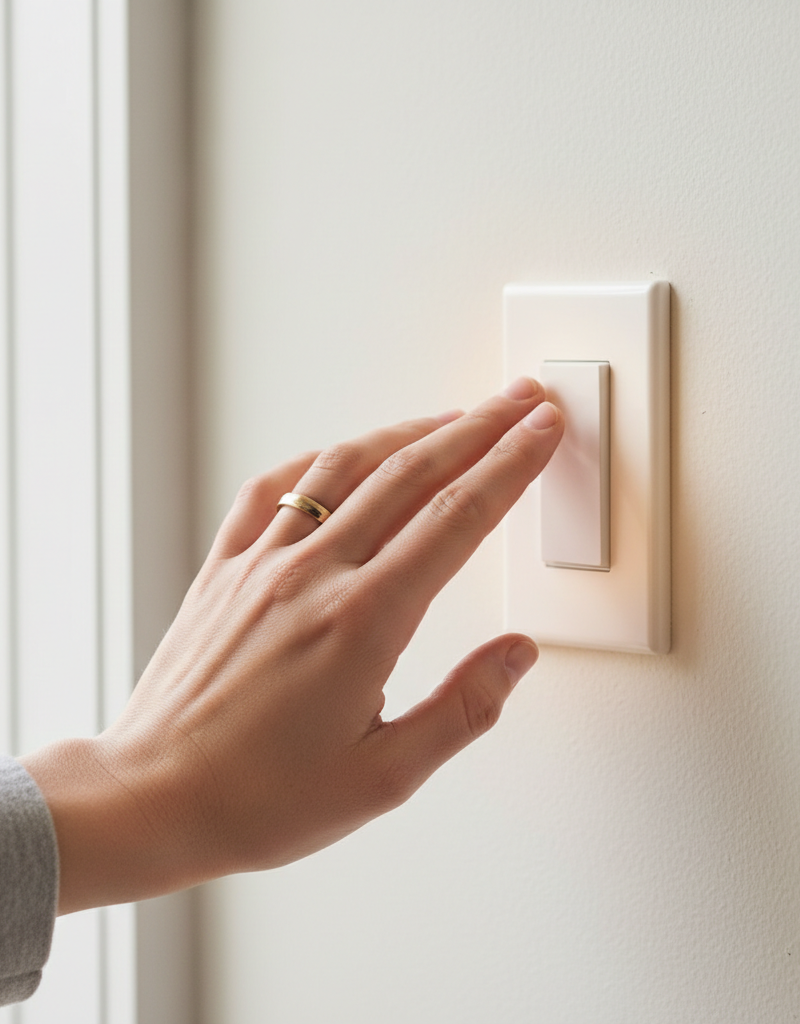 Homeowner's hand carefully touching a potentially hot light switch on a neutral wall.